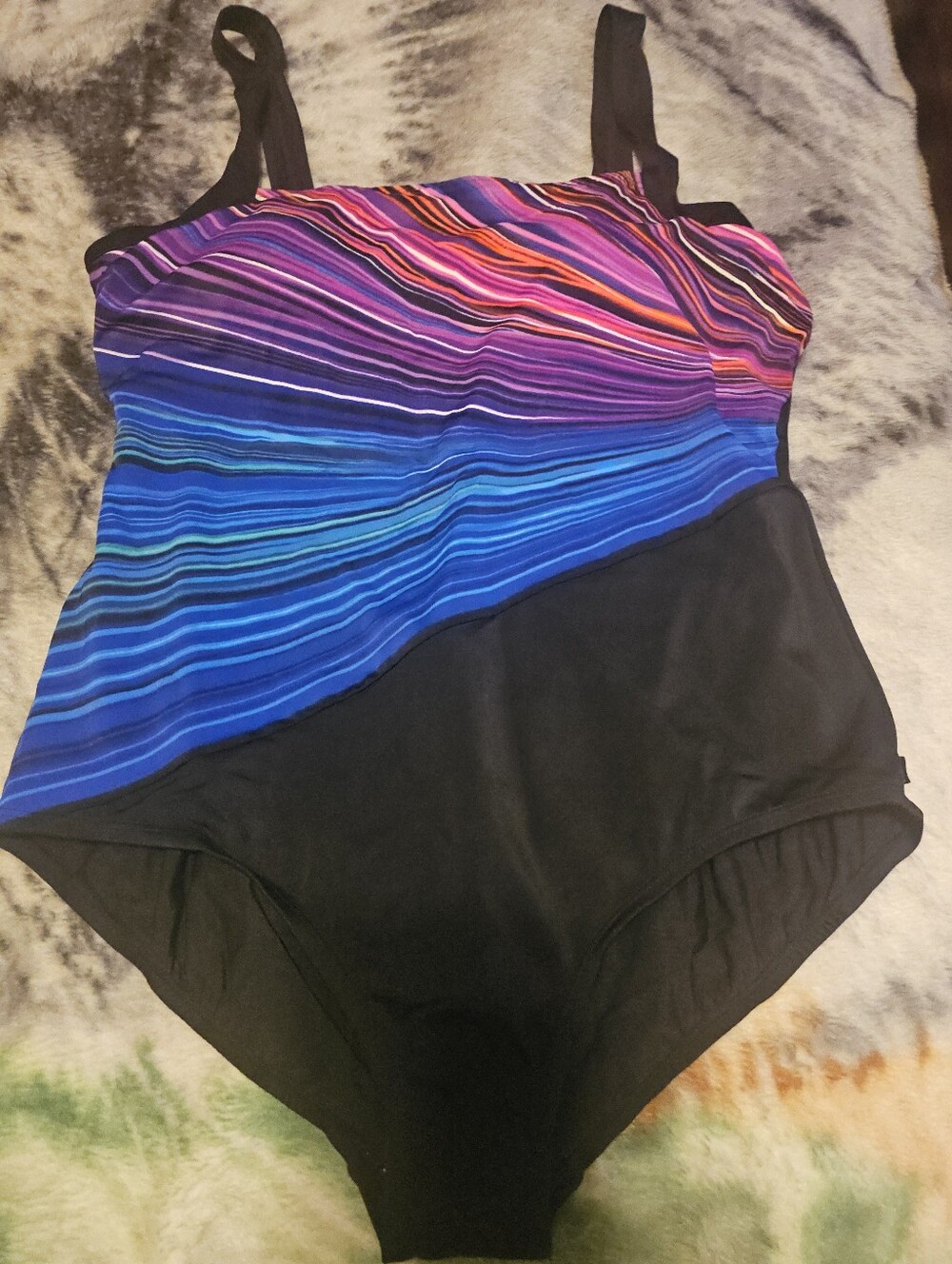 Classic Black One-Piece Swim with Multicolor Stripe Bodice